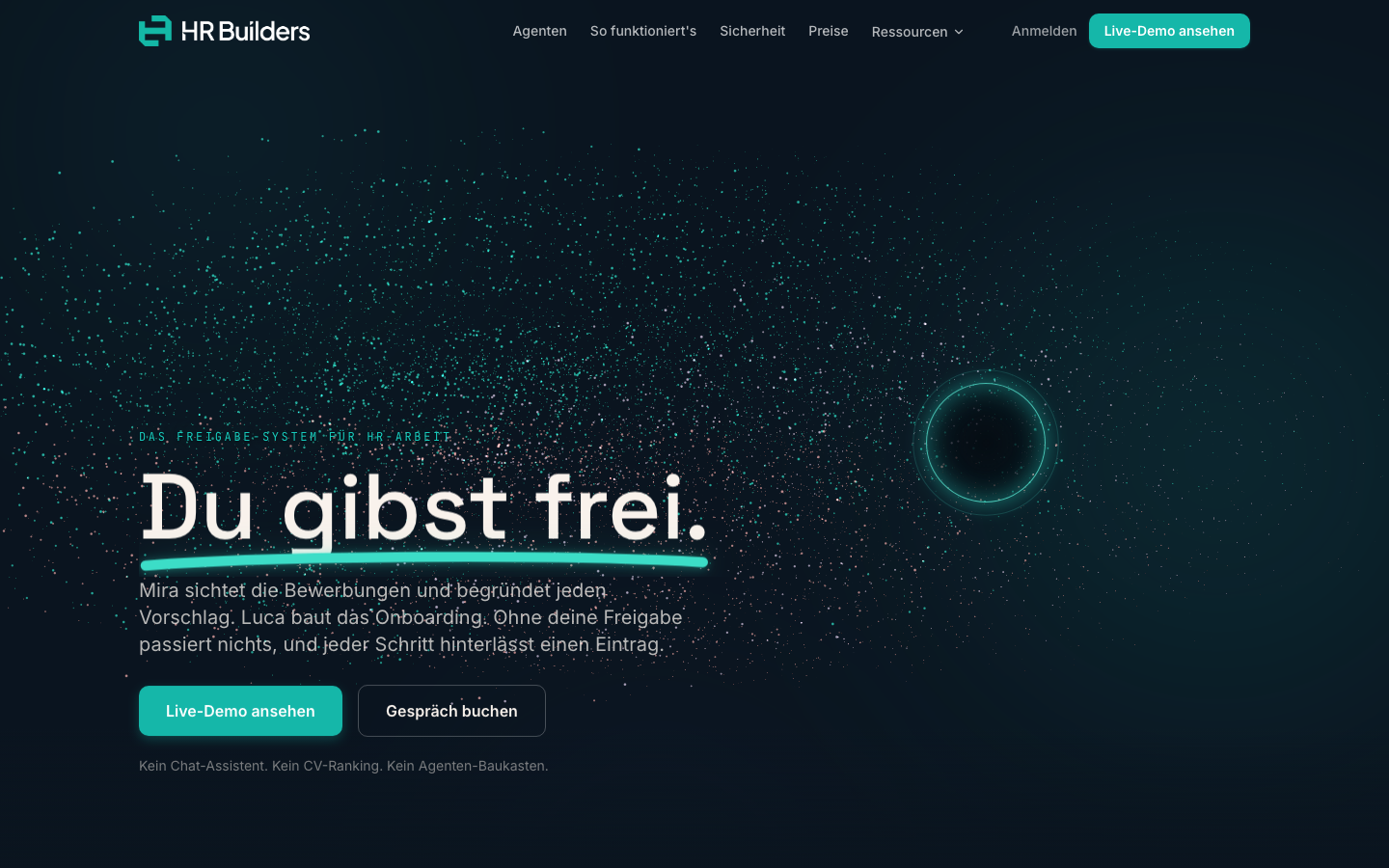 Screenshot der HR-Builders-Startseite mit der Headline „Du gibst frei.“