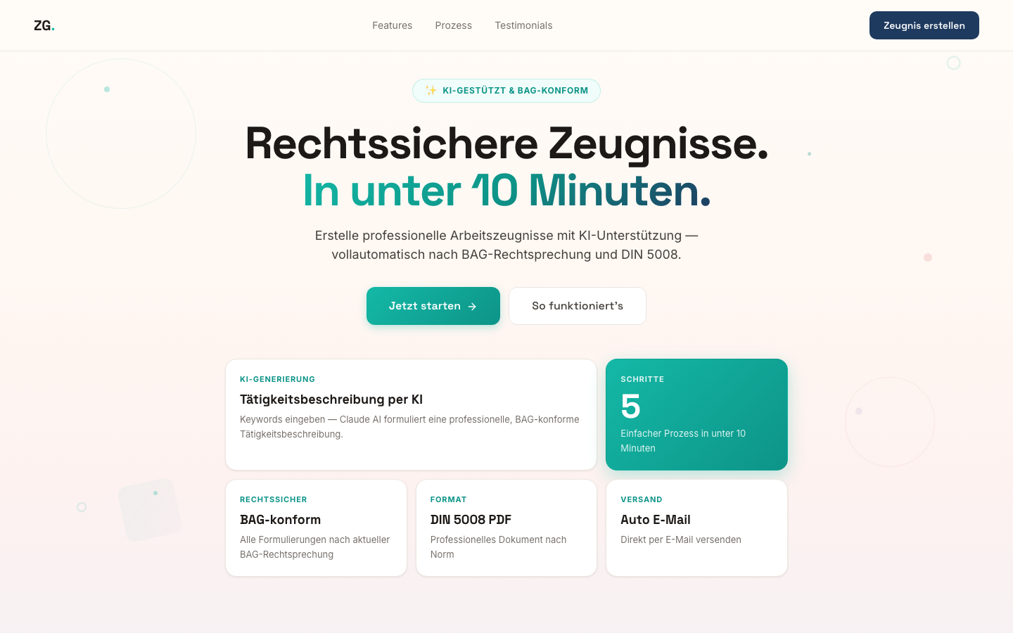 Screenshot des Zeugnisgenerators im HR-Builders-Hub: Startseite mit Funktionsübersicht